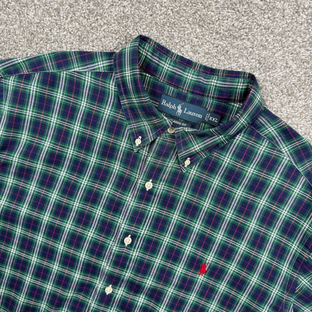 Vintage Polo Ralph Lauren Shirt Men's XXL Green Tartan Plaid Red Pony Classic